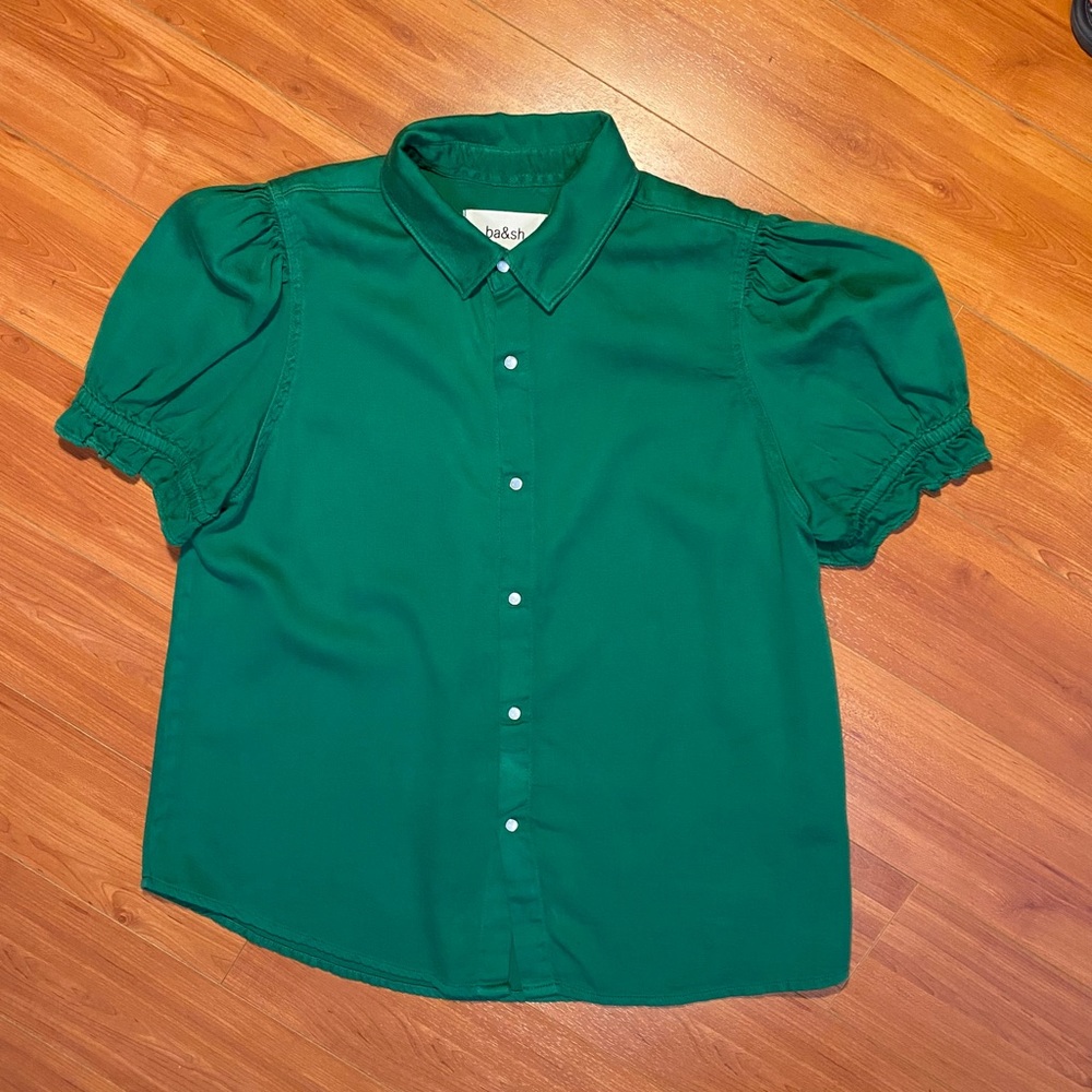 Ba&sh green puffed sleeve cotton top, size 2 (medium) excellent condition